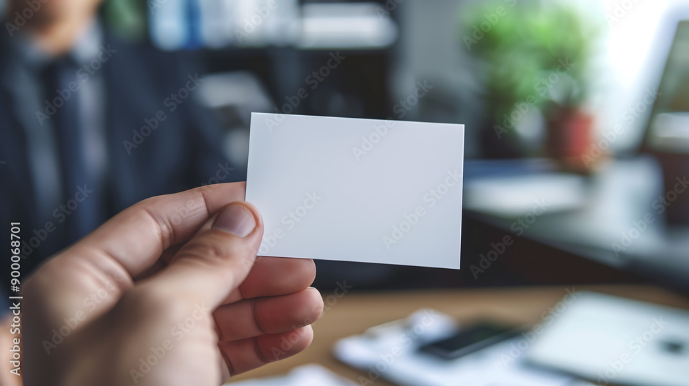 Aufkleber close-up of a blank white business card mockup being handed over in an office setting