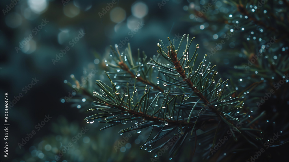 Poster close-up of pine needles with dew drops in a dark, moody forest setting, capturing the serene and tr
