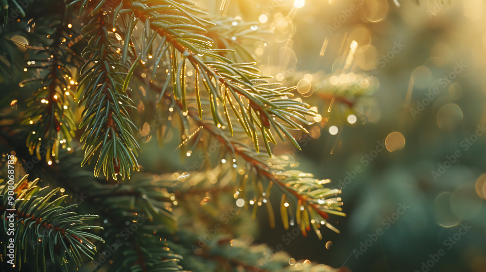 Poster Close-up of pine tree branches with dew drops in early morning light, creating a serene and tranquil nature scene.