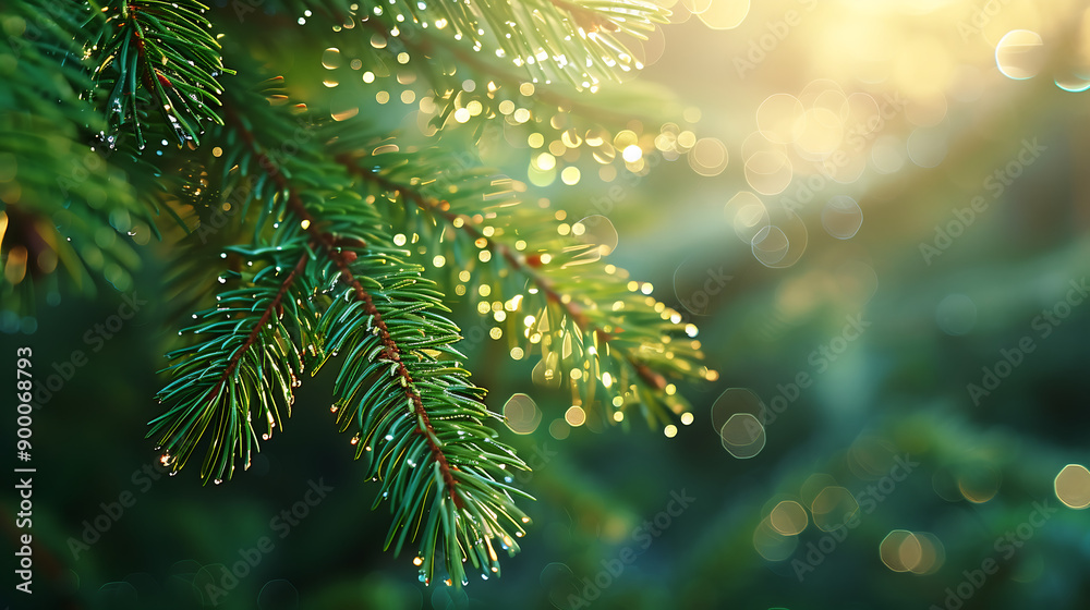 Poster Close-up of pine tree branches with dew drops in early morning light, creating a serene and tranquil nature scene.