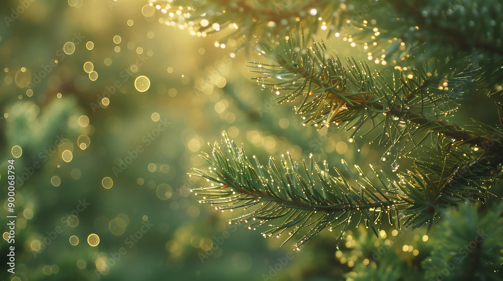 Poster Close-up of pine tree branches with dew drops in early morning light, creating a serene and tranquil nature scene.
