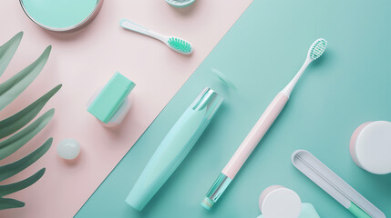 Dental supplies and decor on pastel background, emphasizing oral hygiene and modern minimalist design.