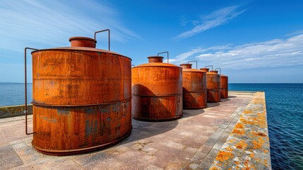 Naklejka premium Rusted Industrial Tanks on Coastline