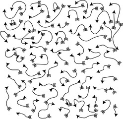 Hand drawn thin line arrows set. Doodle arrows. Many vector curvy and wavy arrows isolated on white background.