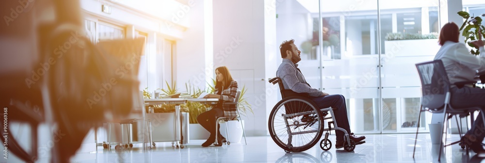 Poster man in wheelchair engaged in a meeting in a contemporary office setting. highlighting the importance