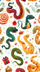 Obraz premium Cute cartoon snakes of different breeds and Christmas decorations, candy, gifts, garlands, cookies. Festive illustration - snake on winter holidays. Seamless pattern