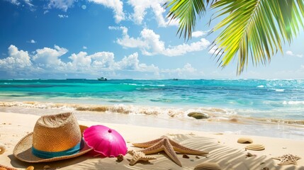 Obraz premium Tropical beach with sunbathing accessories, summer holiday background