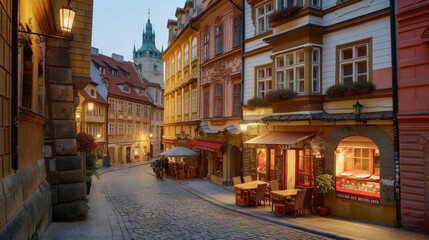 Fototapeta premium A picturesque European street at dusk, lined with colorful buildings, cozy cafes, and illuminated by warm street lights, romantic atmosphere