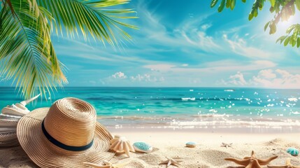 Tropical beach with sunbathing accessories, summer holiday background