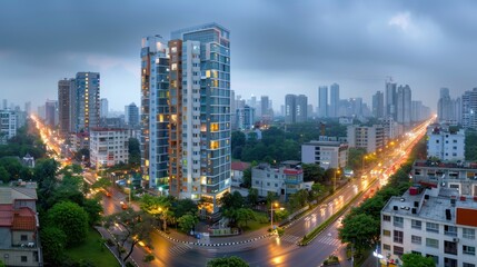 Fototapeta premium Modern Cityscape with Street Lights at Dusk