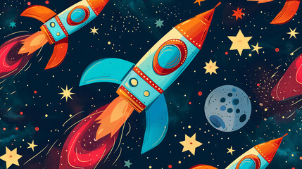 Kids wallpaper of rockets and galaxy fantasy flat design colorful art
