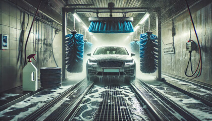 Vehicle being cleaned with brushes and water jets at a car wash.