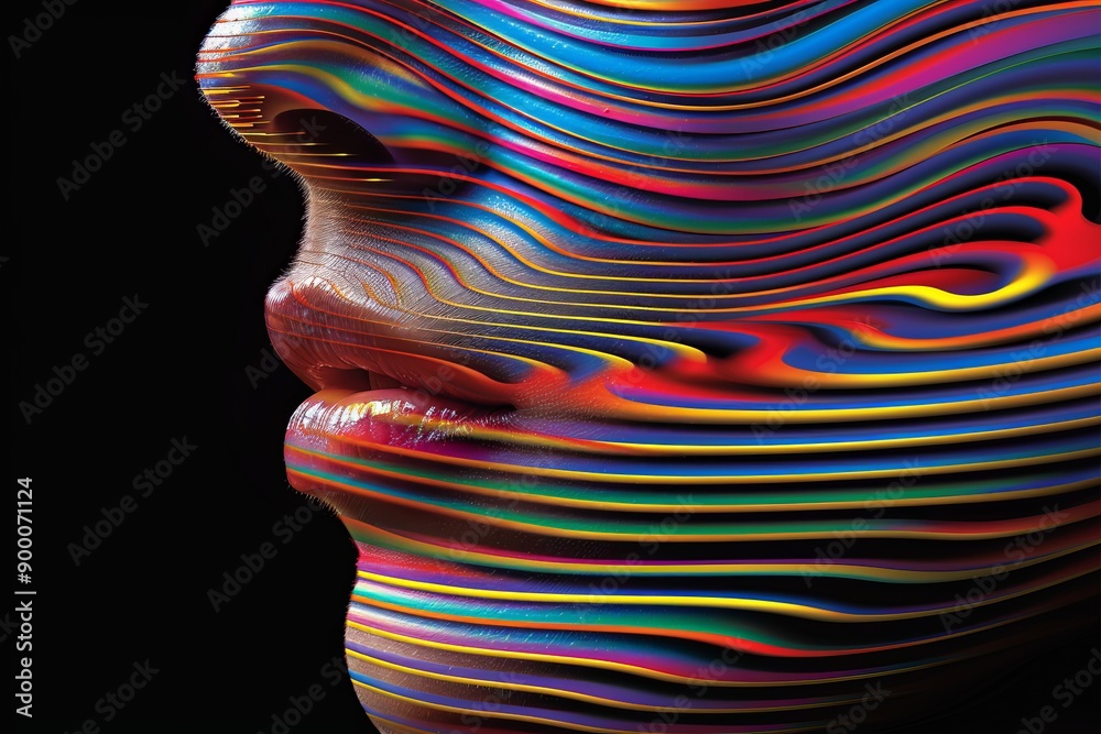 Wall mural abstract digital art featuring colorful flowing lines forming a face with vivid hues and intricate p
