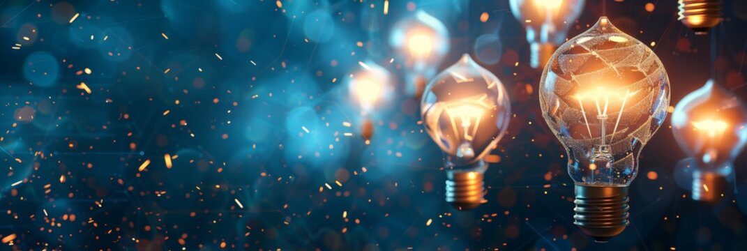 Glowing light bulbs in a row representing continuous flow of ideas and creativity. Ideal for innovation, inspiration, and technological concepts.