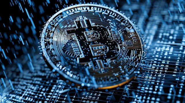 Digital Bitcoin logo with rain of binary code, Bitcoin binary rain, datadriven currency