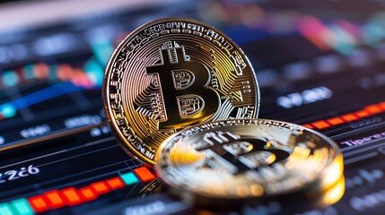 Bitcoin coin on a trading screen, Bitcoin trading, market activity