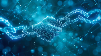 Naklejka premium Smart contracts in action blockchain, digital handshake connected by blockchain links on a networked background
