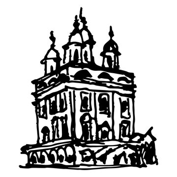 recommend clip art: Assumption Cathedral of the Astrakhan Kremlin. Old Russian Orthodox church. Hand drawn linear doodle rough sketch. Black and white silhouette.