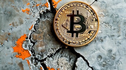 Bitcoin symbol on a cracked concrete wall, Bitcoin wall, financial breakthrough
