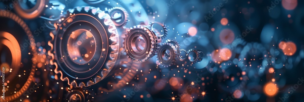 Poster close-up of interconnected mechanical gears in a blue light. industrial engineering and machinery co