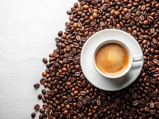 Cup of coffee and coffee beans close up