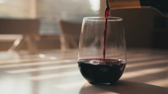 Pour red wind in stemless glass with window light in slow motion 