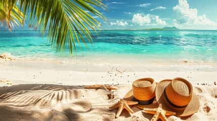 Tropical beach with sunbathing accessories, summer holiday background