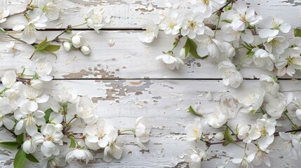 Spring blossoms on white wood background rustic composition