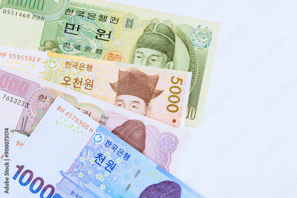 Wall mural banknotes south korean won of various cash denominations are issued by korea national bank