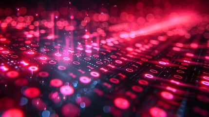 Fototapeta premium Digital binary code illuminated by glowing red light beams in abstract technological landscape. Concept of data transmission and cybersecurity.
