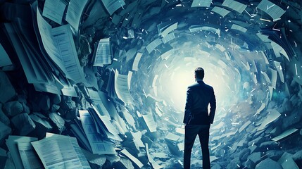 Businessman standing in a tunnel of paper.