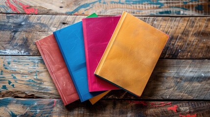 Vibrant notebooks on wood surface
