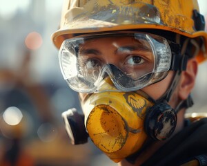 Fototapeta premium Construction Worker Wearing Safety Gear, Hard Hat, Goggles, and Respirator, Operating Machinery on a Construction Site, Safe Operations in the Industrial Workplace