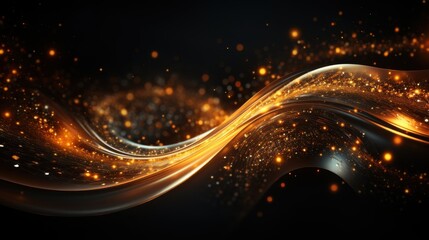 Golden abstract swirl, waves of light and energy, luminous golden particles effect in dark background.