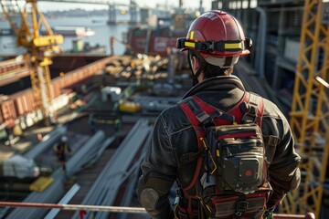 Obraz premium Construction Worker Wearing Safety Gear on Site, Ensuring Workplace Safety with Harness and Helmet, Industrial Construction Safety Practices, Worker Performing Safe Tasks, High-Visibility Safety