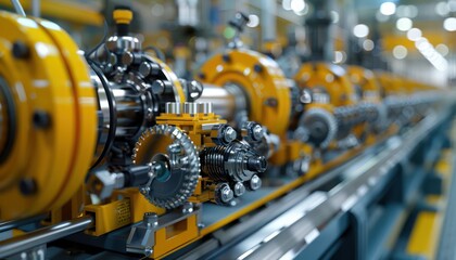 Fototapeta premium Industrial Worker Assembling Machinery Parts While Wearing Safety Gear in a Modern Manufacturing Facility, Focus on Safety, Precision, and Expertise in a High-Tech Production Environment