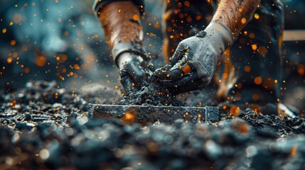 Skilled Tradesman Using Construction Tools on a Busy Construction Site, Laborer Working with Metal, Close-Up of Hands with Sparks Flying, Construction Worker, Professional, Expertise, Craftmanship
