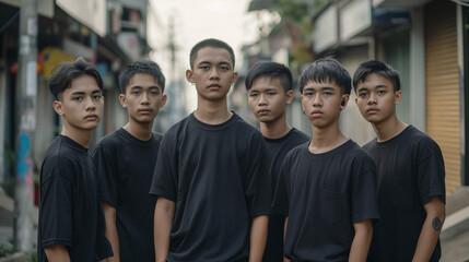 group of young Asian men wearing plain black t-shirts