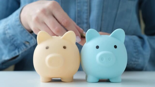 Person throws coins into two piggy banks in turn to diversify portfolio. Savings, pension, finance accounting diversification. Saving money, investments diversity concept