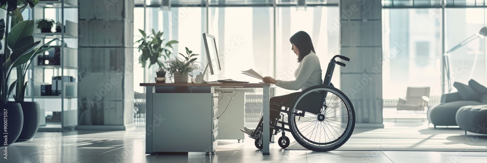 Poster woman in a wheelchair working at a desk in a bright office space. emphasizing professional inclusion