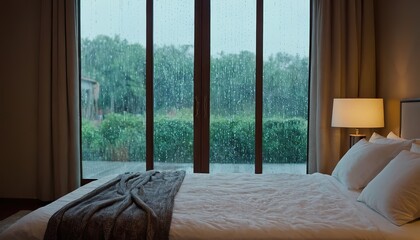 Arafed bedroom with a bed and a balcony with rain view11