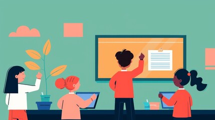 Teacher and students using a smartboard, interactive learning, technology in education