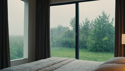 A bed sitting next to a window covered in rain15