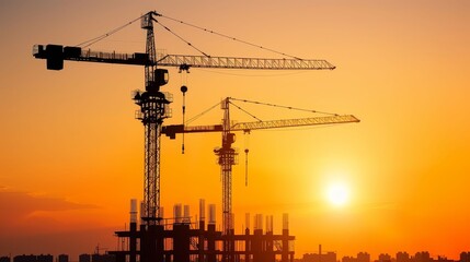Construction site at sunset, silhouetted cranes, evening work