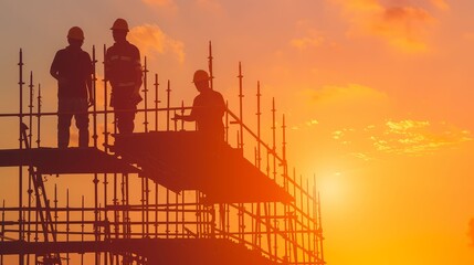 Workers assembling scaffolding, safety and support, construction preparation