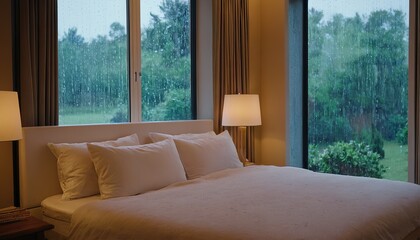 bed room Rain Outside the Window Water Drop on Glass Bokeh Warm Mood1523