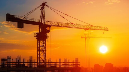 Construction site at sunset, silhouetted cranes, evening work