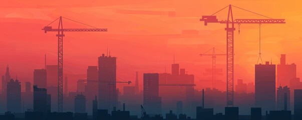Fototapeta premium Construction site with cranes and workers, urban development, building progress