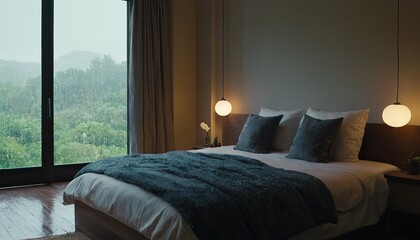 bed room Rain Outside the Window Water Drop on Glass Bokeh Warm Mood142