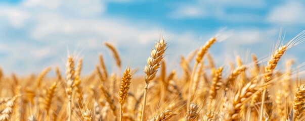 Fototapeta premium Golden wheat field under a blue sky, abundant harvest, rural landscape
